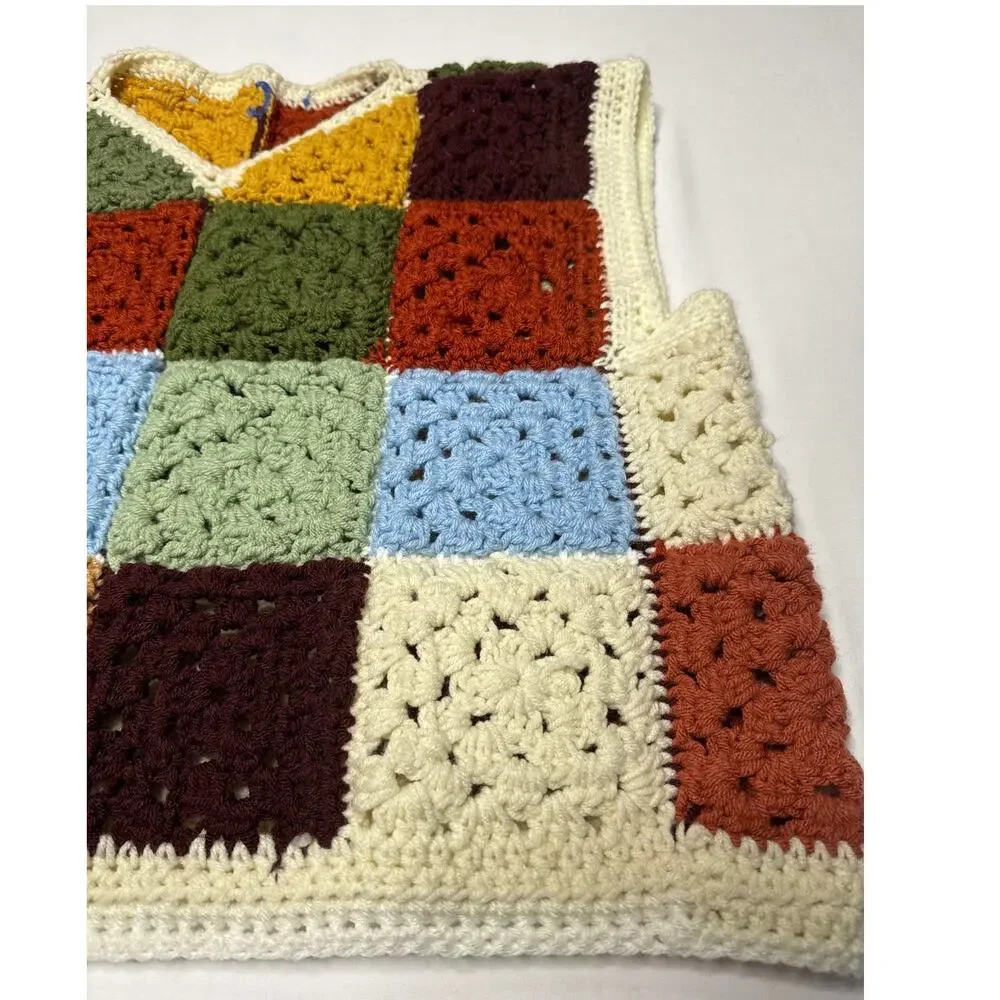 Vintage 1970s Style Handmade Crochet Granny Square Patchwork Vest Unisex XL